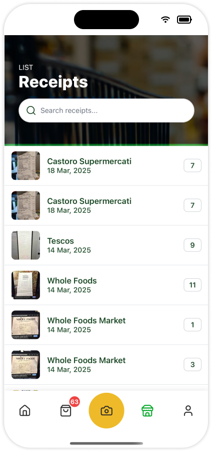 Receipts section of UseBy for product tracking